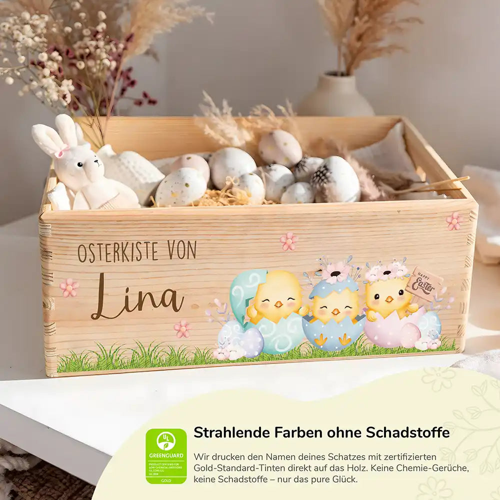 Osterkiste Holz personalisiert - Kükenfamilie