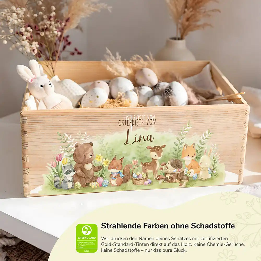 Osterkiste Holz personalisiert - Waldfamilie