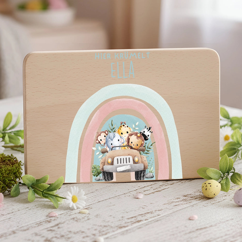 Frühstücksbrettchen Holz personalisiert - Regenbogen Safari
