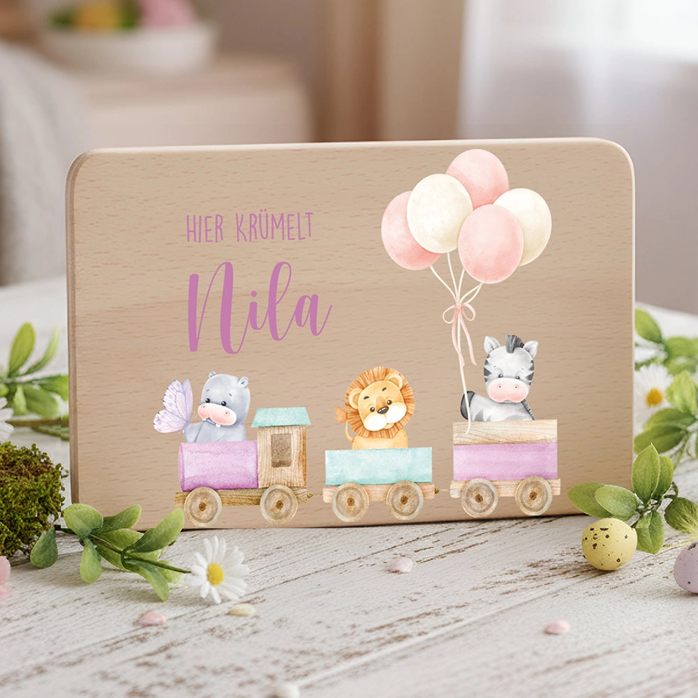 Frühstücksbrettchen Holz personalisiert - Tiere Eisenbahn