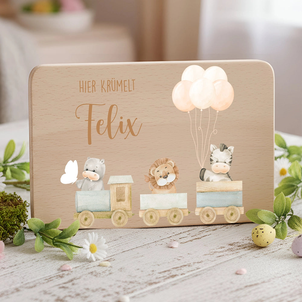 Frühstücksbrettchen Holz personalisiert Tiere Eisenbahn