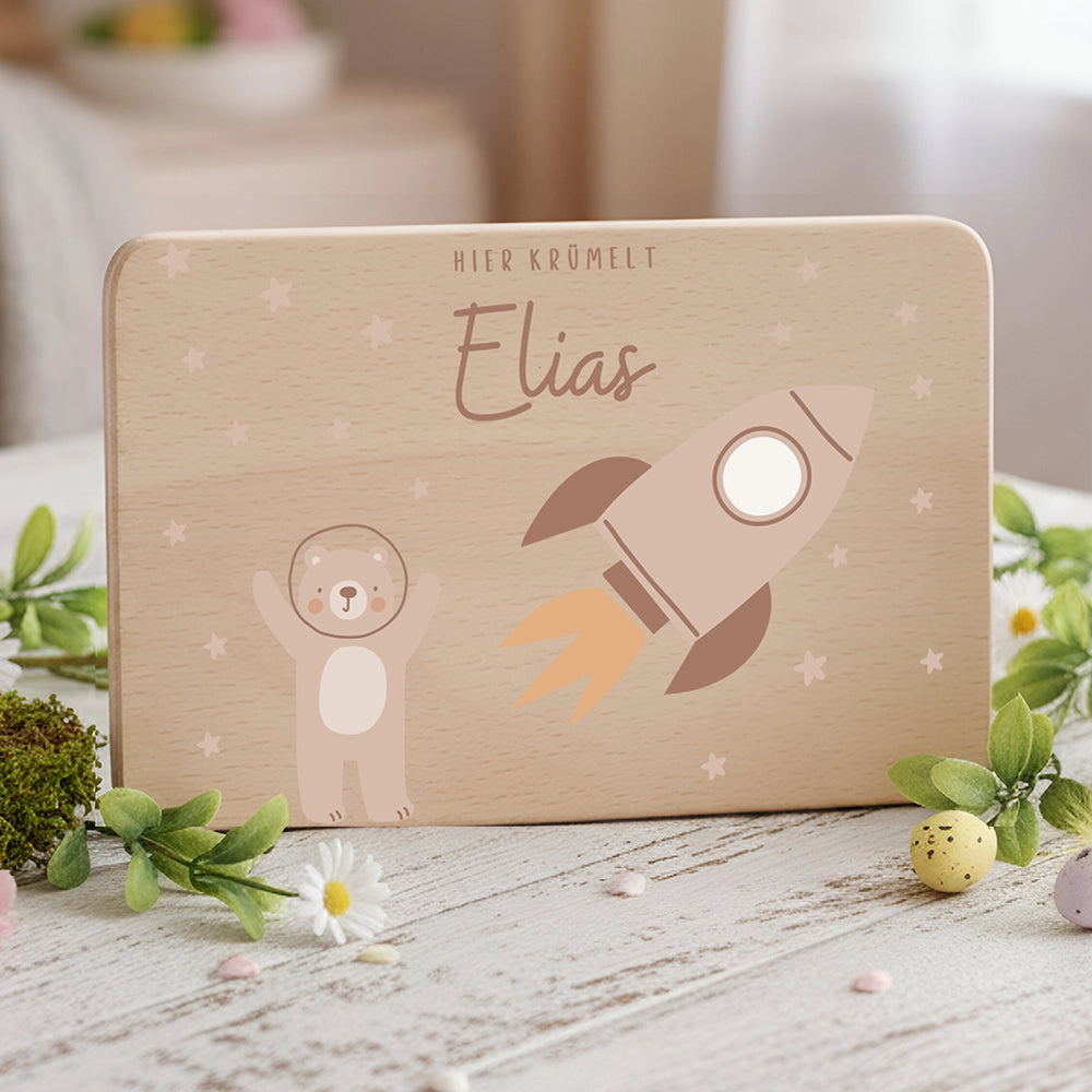 Frühstücksbrettchen Holz personalisiert - Bär Astronaut