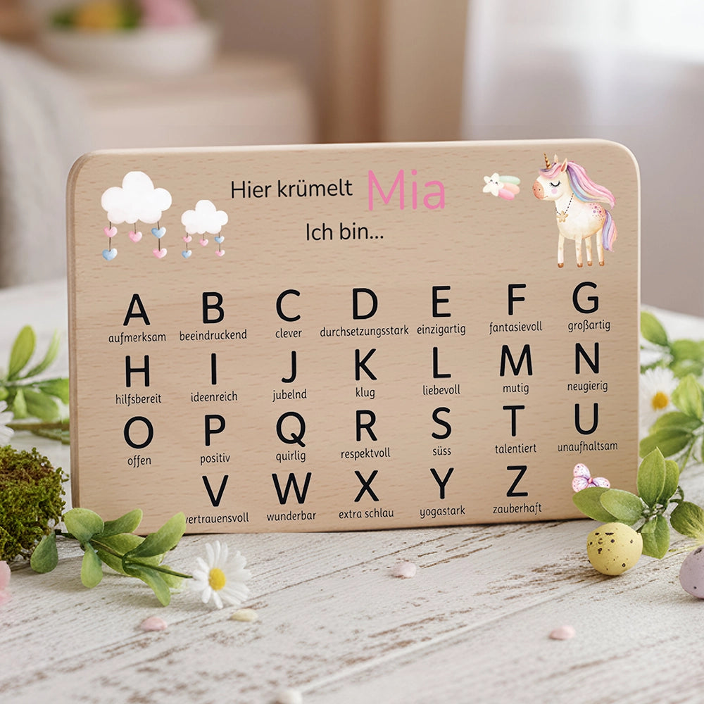 ABC Brettchen Kinder personalisiert – Einhorn mit Musiknoten