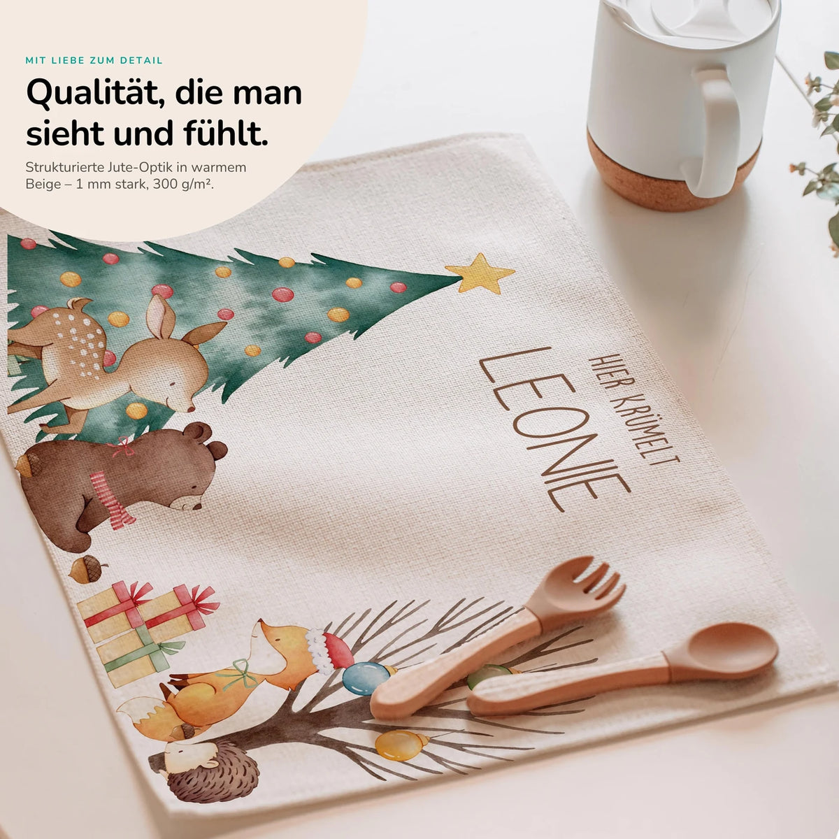 Tischset Kinder personalisiert Weihnachtsmotiv - Bär Weihnachtsbaum
