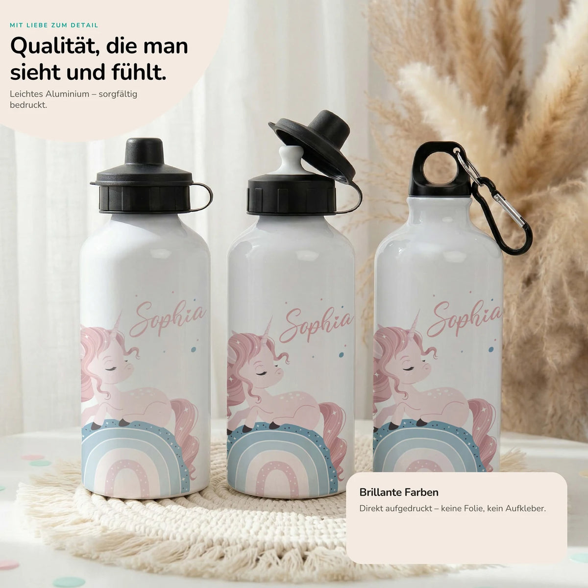 Personalisierte Trinkflasche Kinder – Einhorn Rosa Regenbogen
