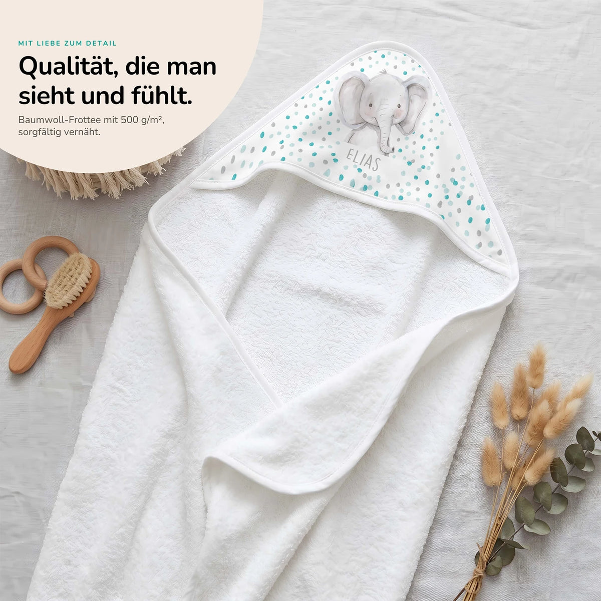 Personalisiertes Kapuzenhandtuch Baby – Elefant Konfetti
