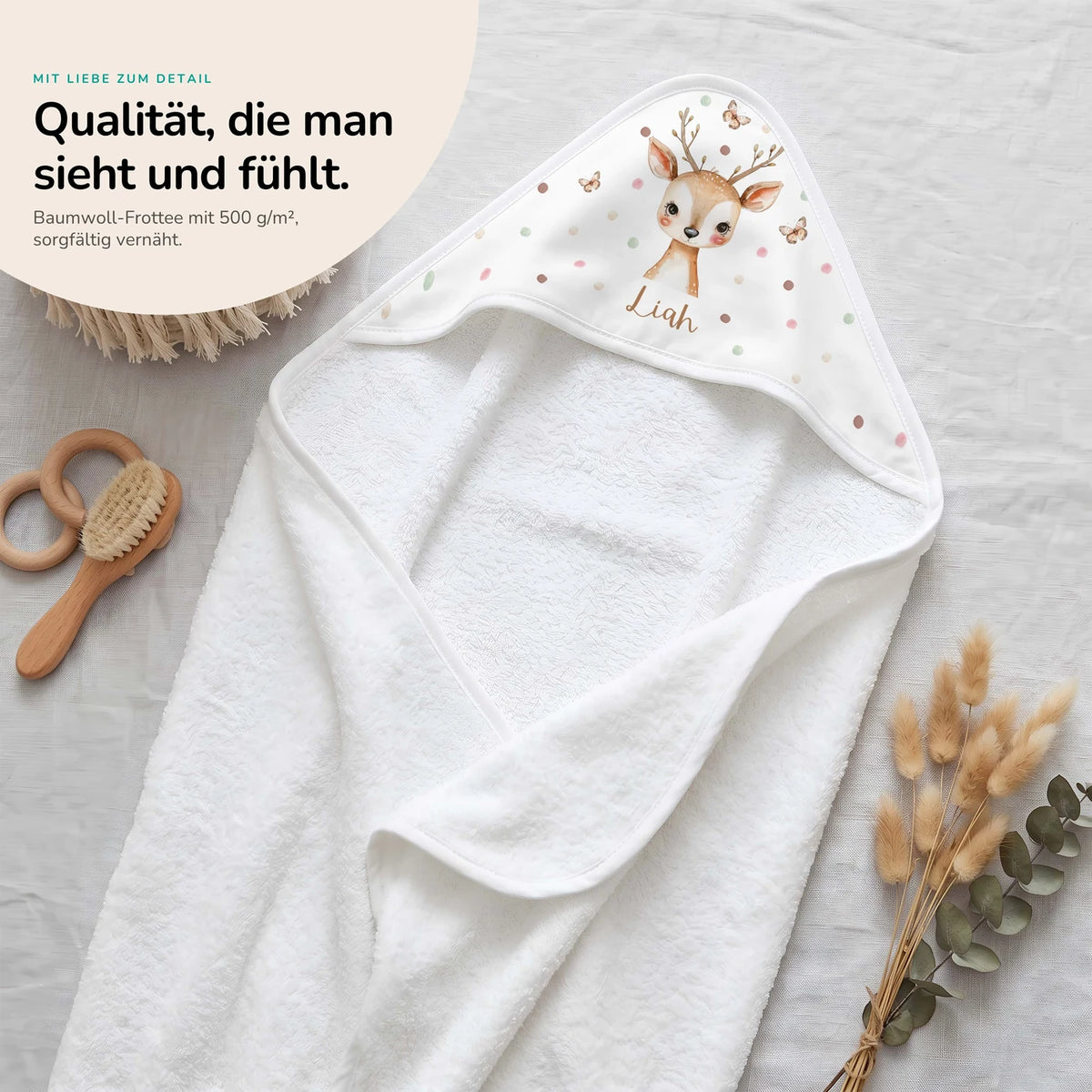 Personalisiertes Kapuzenhandtuch Baby – Reh Schmetterlinge