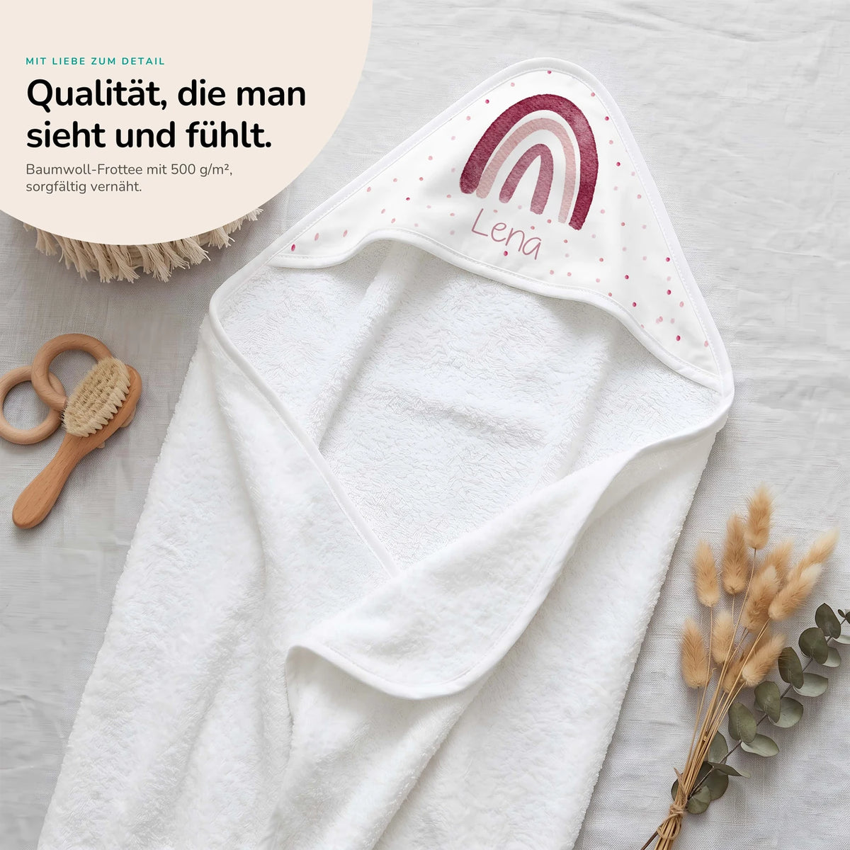 Personalisiertes Kapuzenhandtuch Baby – Boho-Regenbogen