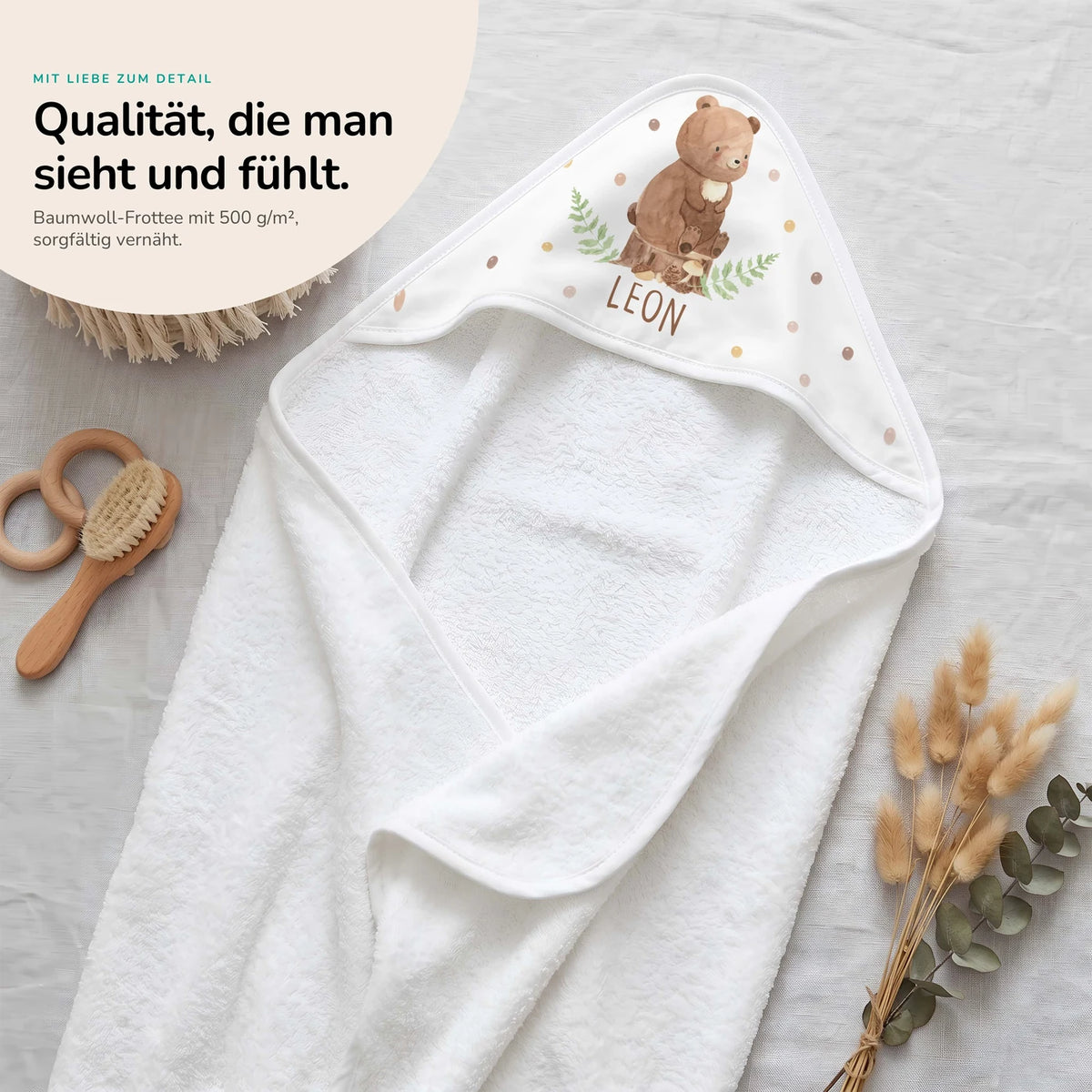 Personalisiertes Kapuzenhandtuch Baby – Bär Farn