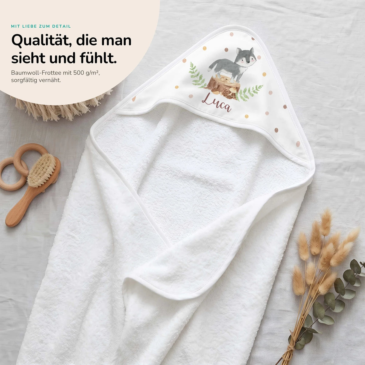Personalisiertes Kapuzenhandtuch Baby – Wolf Wald