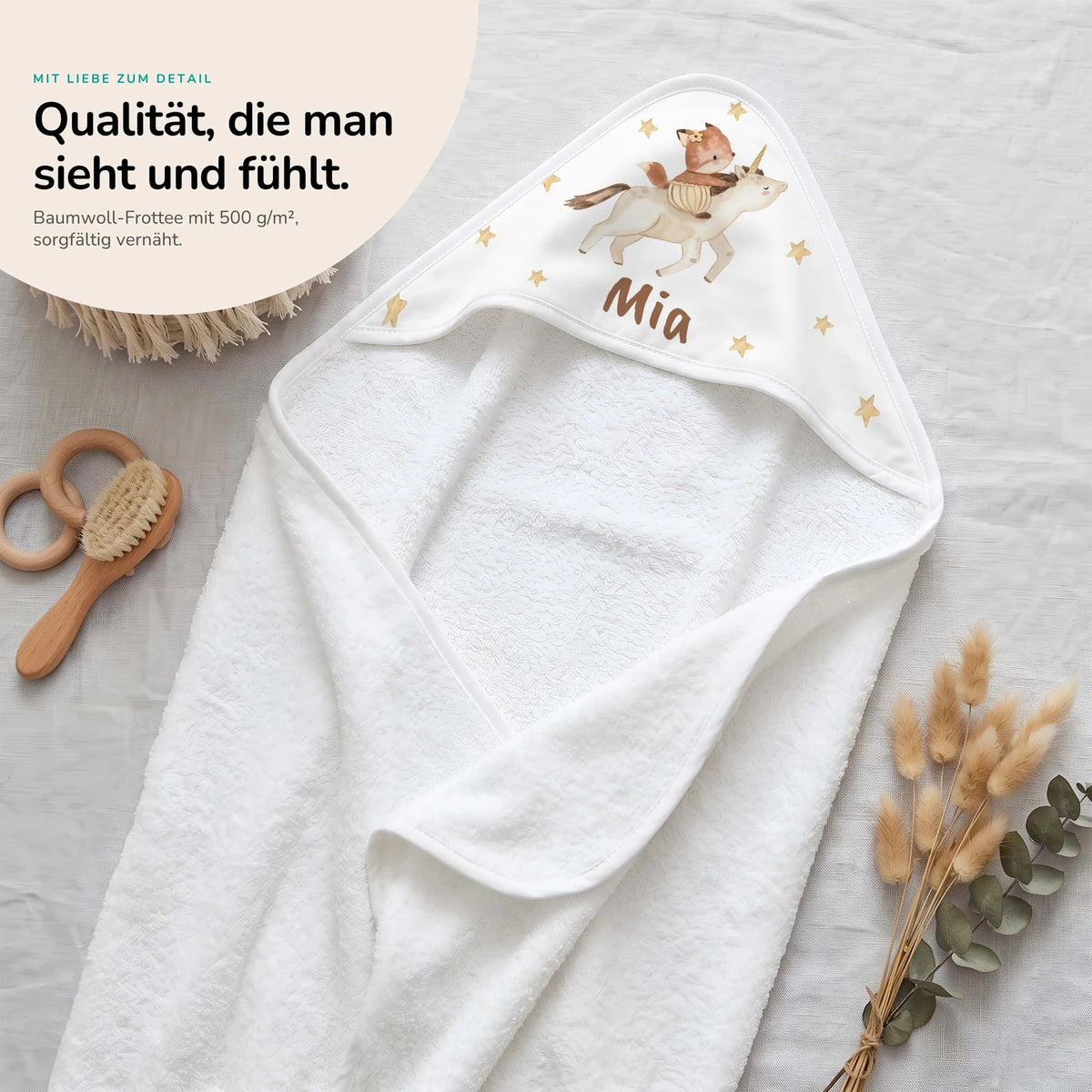 Personalisiertes Kapuzenhandtuch Baby – Einhorn Reiterin