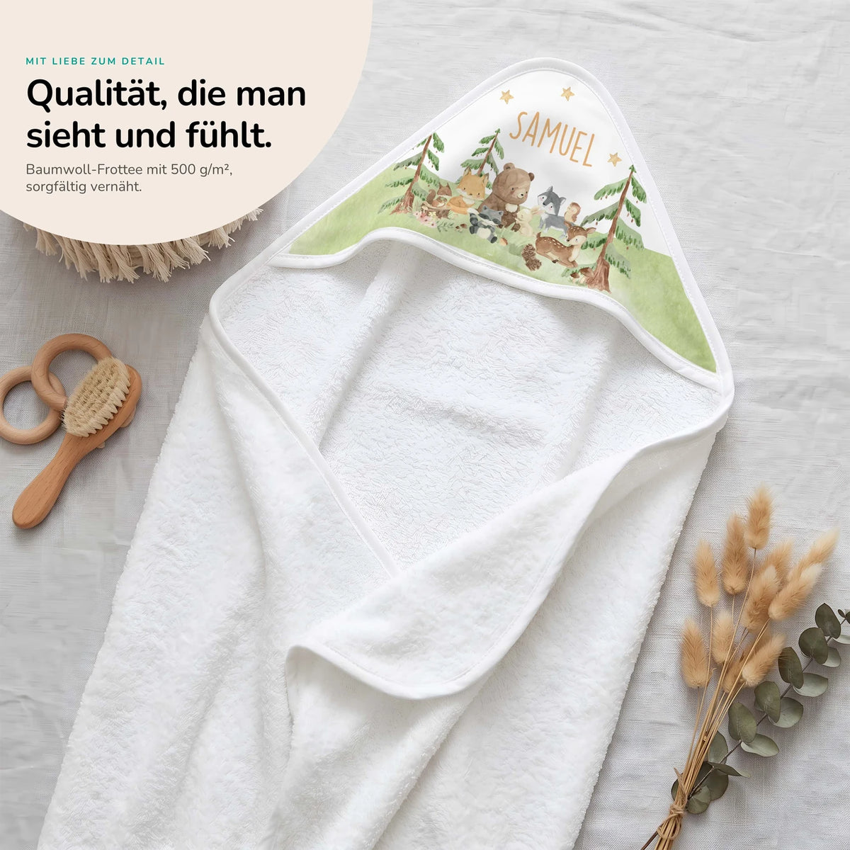 Personalisiertes Kapuzenhandtuch Baby – Waldwiese Tiere