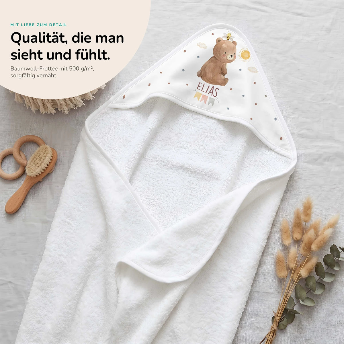 Personalisiertes Kapuzenhandtuch Baby – Bär Sonne