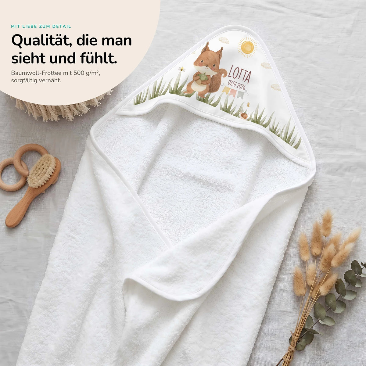 Personalisiertes Kapuzenhandtuch Baby – Eichhörnchen Geburt