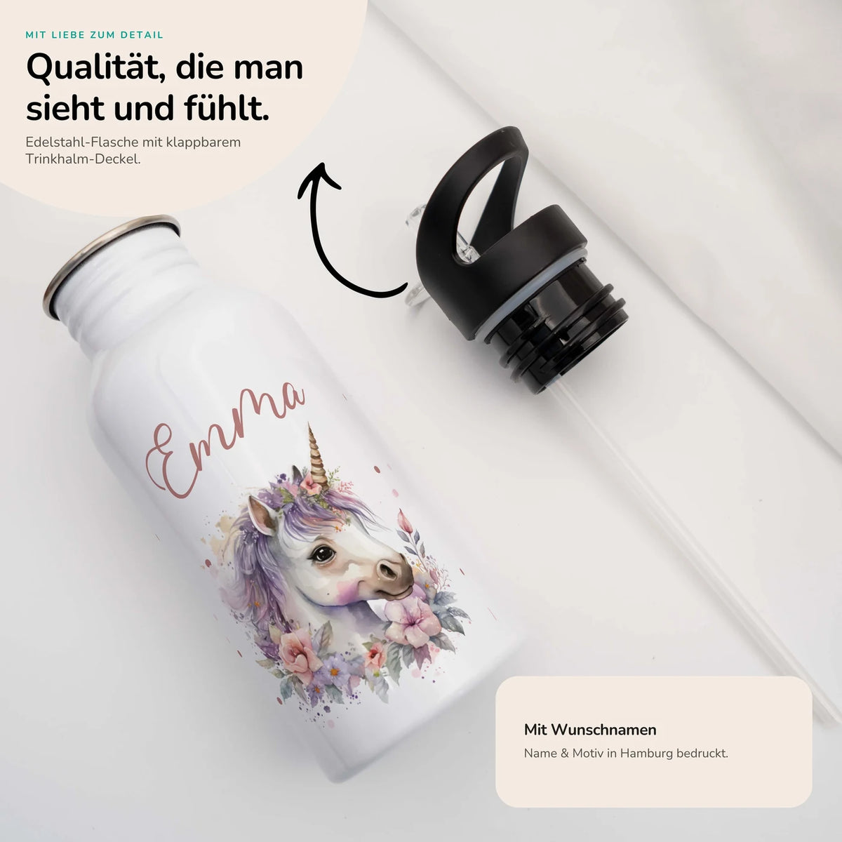 Trinkflasche Kinder Edelstahl - Einhorn mit Blüten