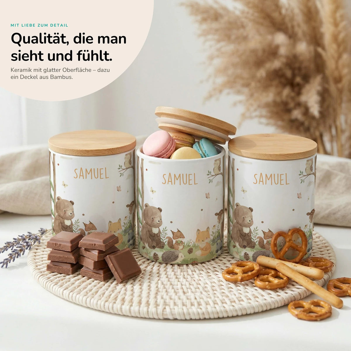 Personalisierte Keksdose Waldfreunde I – Keramik & Bambus mit Wunschname