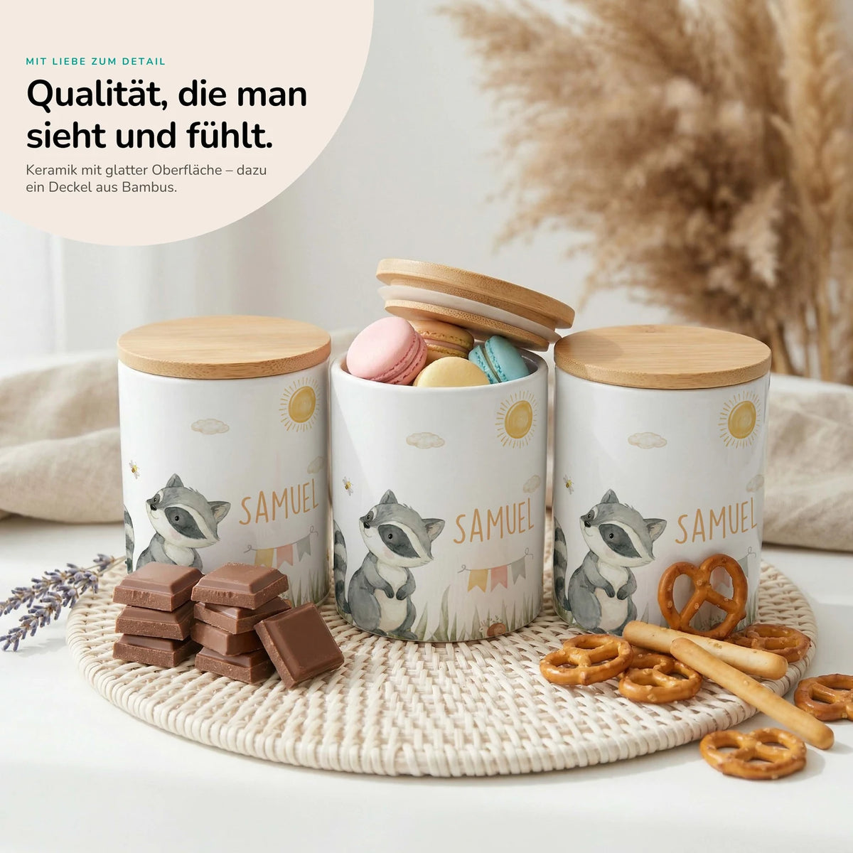Personalisierte Keksdose Waschbär Sommer – Keramik & Bambus mit Wunschname