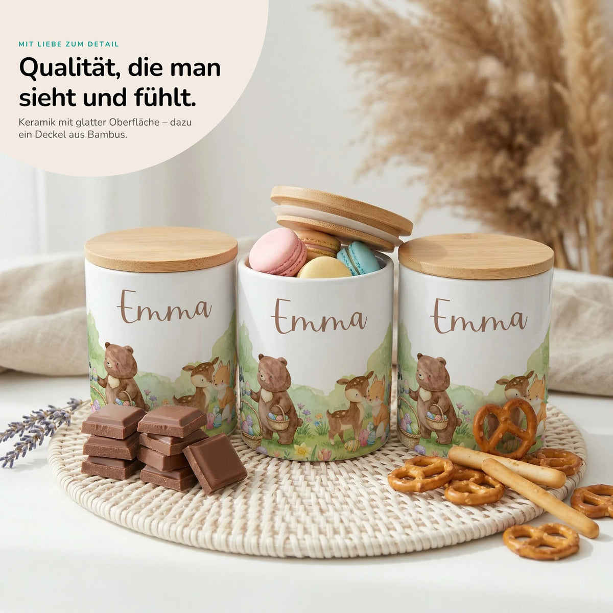 Personalisierte Keksdose Ostern Bärenfamilie – Keramik & Bambus mit Wunschname