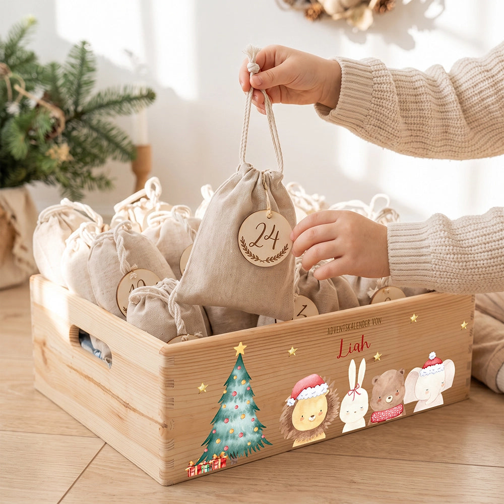 Adventskalender zum Befüllen "Weihnachten mit weihnachtlichem Tiertrio" personalisiert