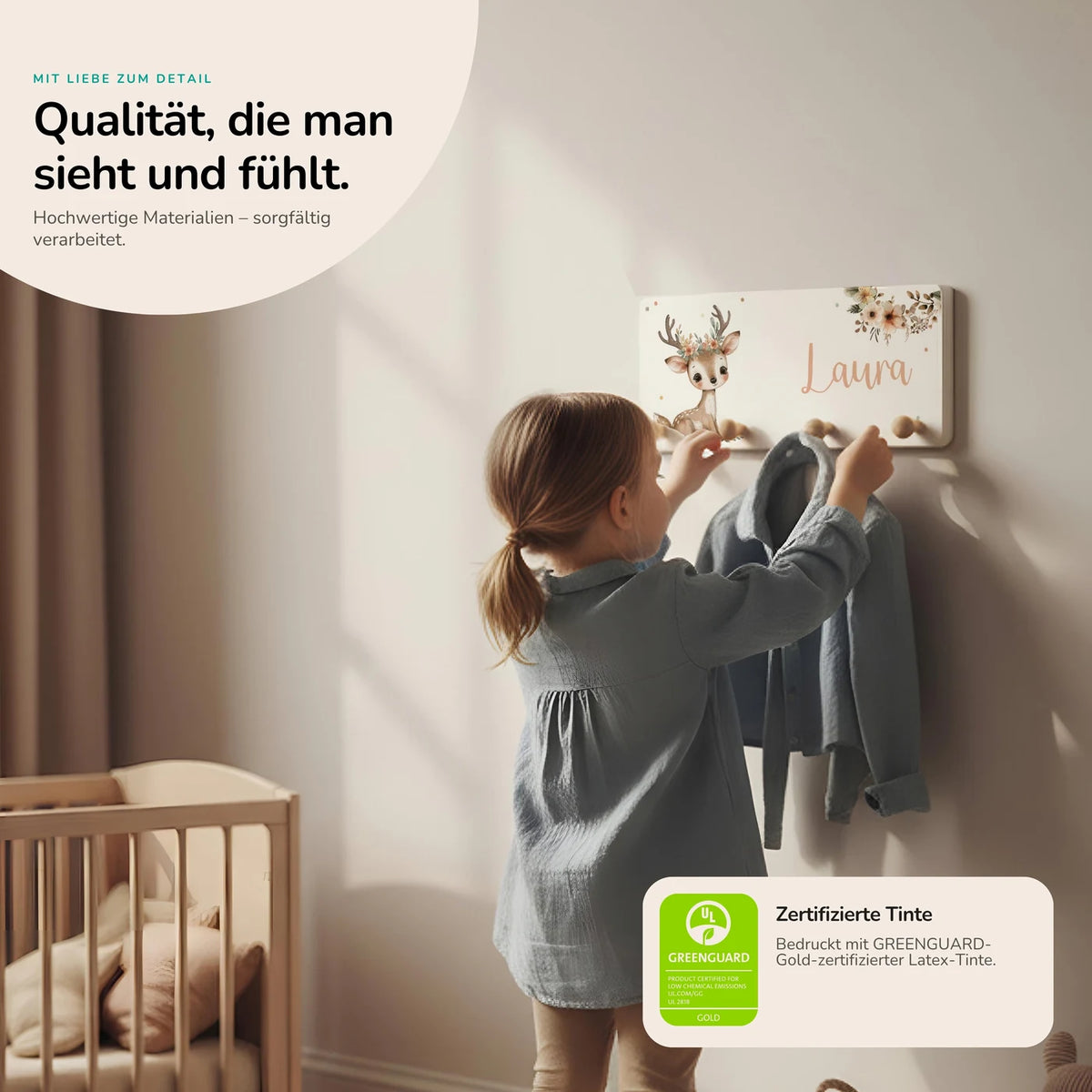 Kindergarderobe Holz personalisiert - Reh