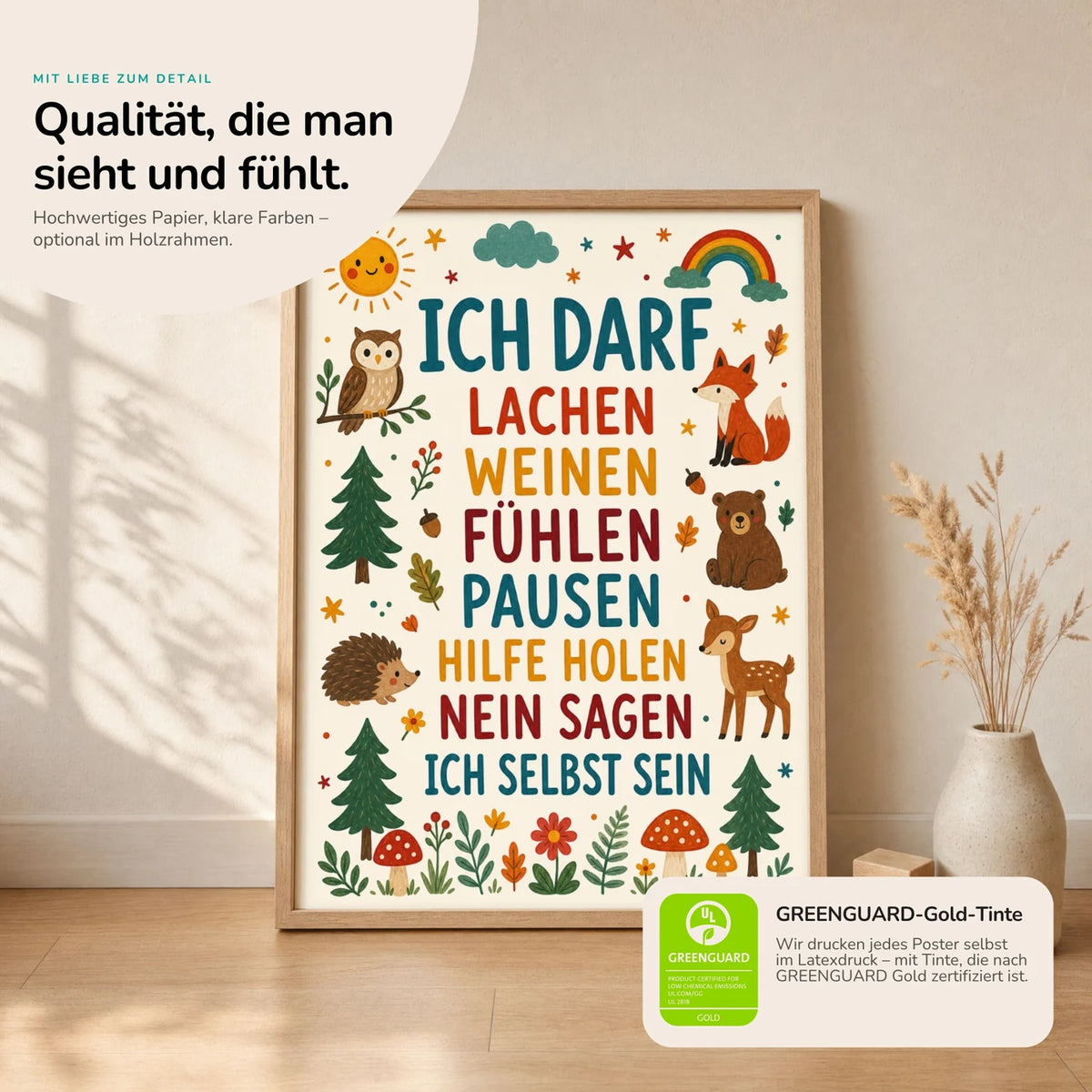 Kinderposter „Wald Ich darf lachen“ im Holzrahmen auf dem Regal – Poster mit Sprüchen fürs Kinderzimmer