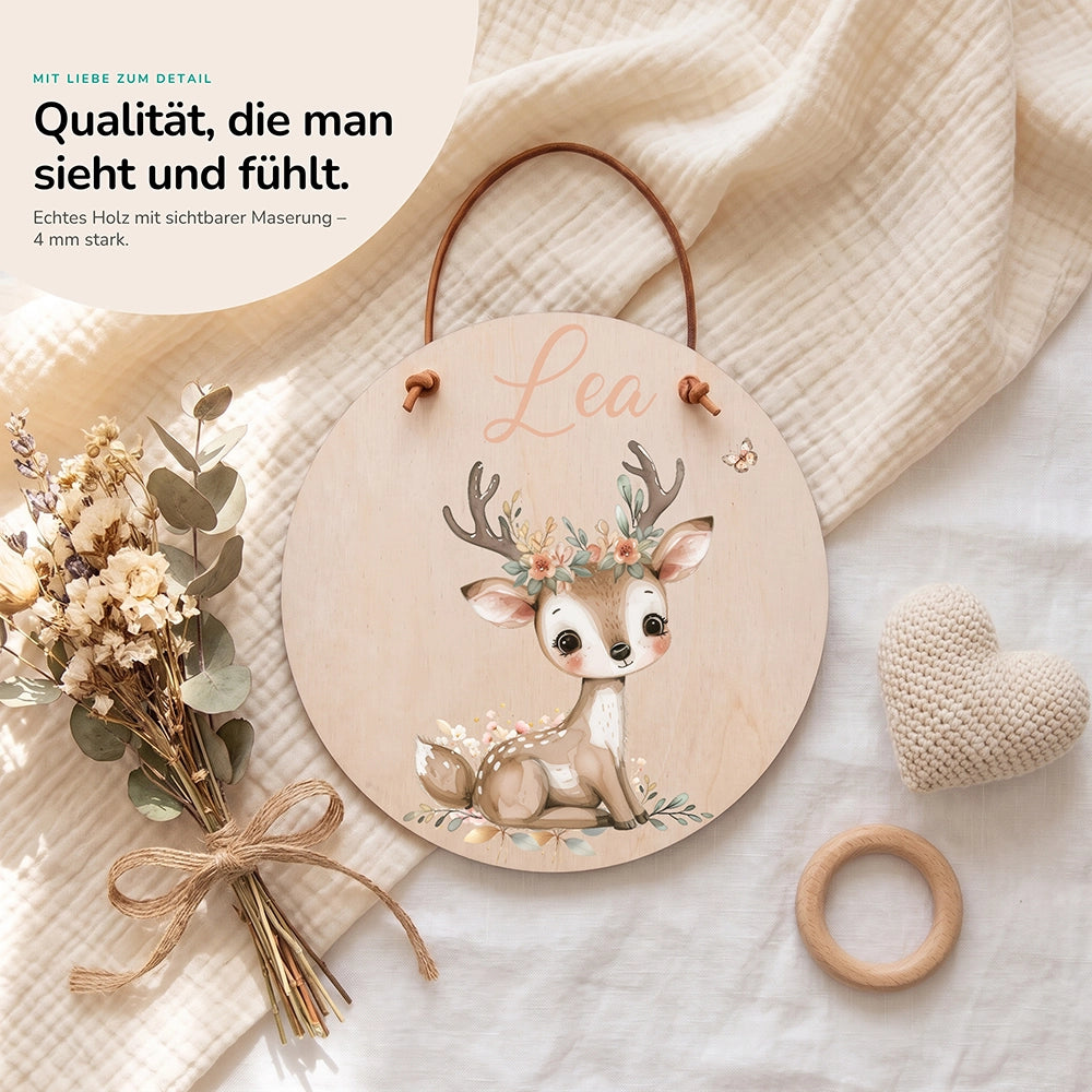 Türschild Kinderzimmer personalisiert mit Name Rehkitz mit Blumenkrone