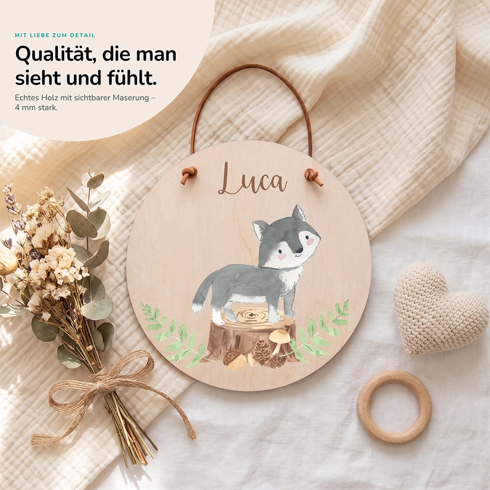 Türschild Kinderzimmer personalisiert mit Name Wolf im Wald