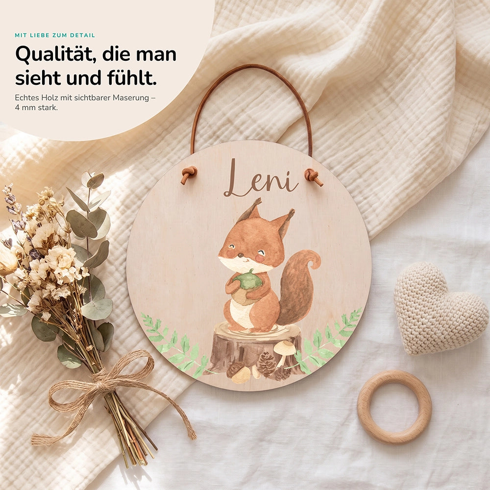 Türschild Kinderzimmer personalisiert mit Name Eichhörnchen im Wald