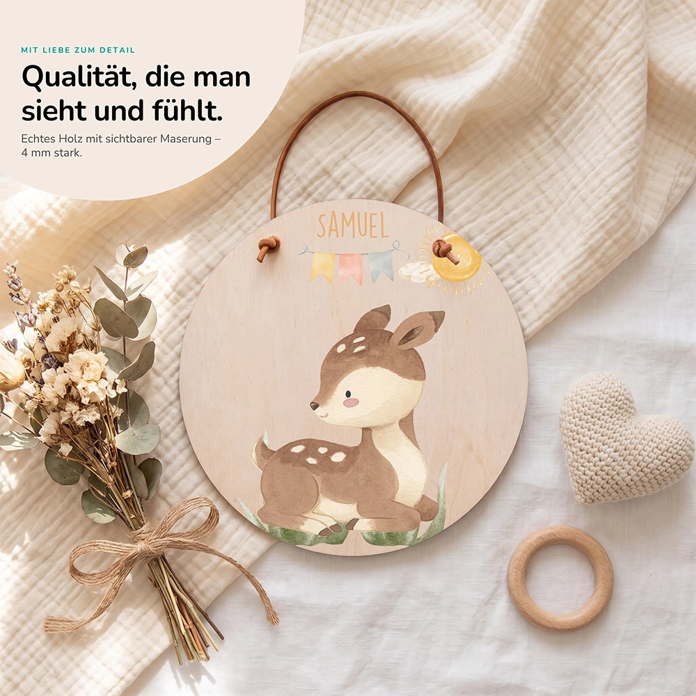 Türschild Kinderzimmer personalisiert mit Name Reh mit Wimpelkette