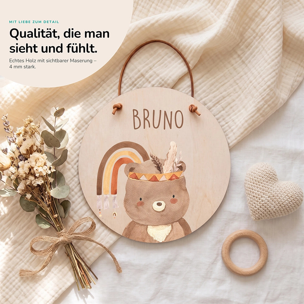 Türschild Kinderzimmer personalisiert mit Name Bär mit Regenbogen