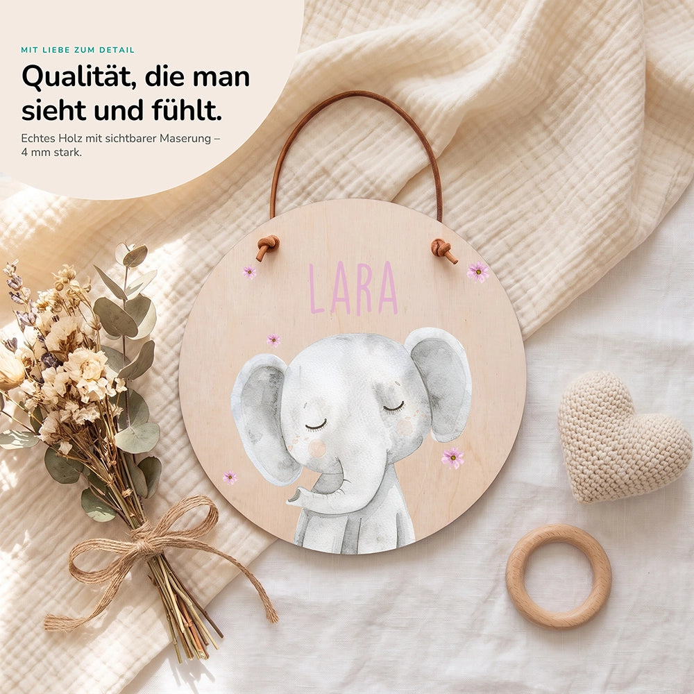 Türschild Kinderzimmer personalisiert mit Name Elefant mit Blüten