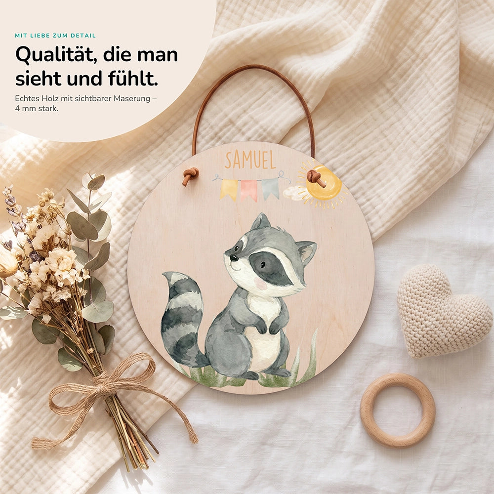 Türschild Kinderzimmer personalisiert Waschbär mit Wimpelkette