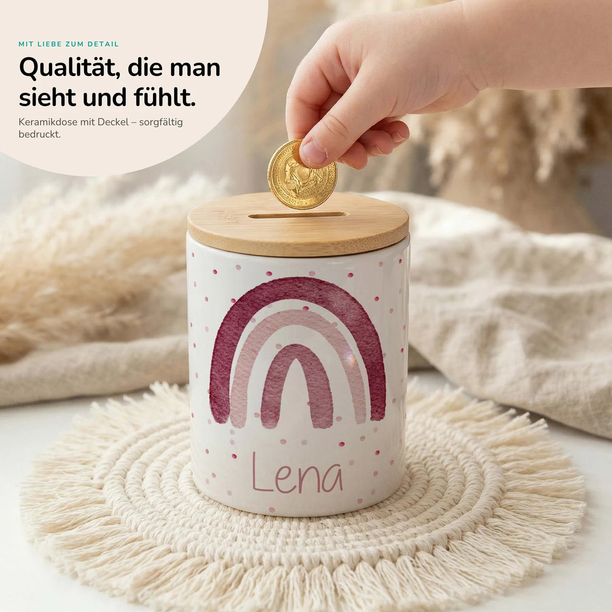 Personalisierte Spardose Regenbogen Rosa – Keramik & Bambus mit Wunschname