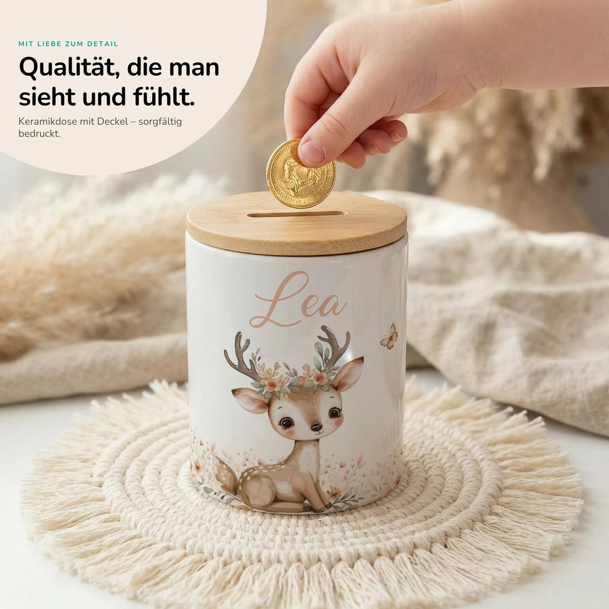 Personalisierte Spardose Reh Blumenkranz – Keramik & Bambus mit Wunschname