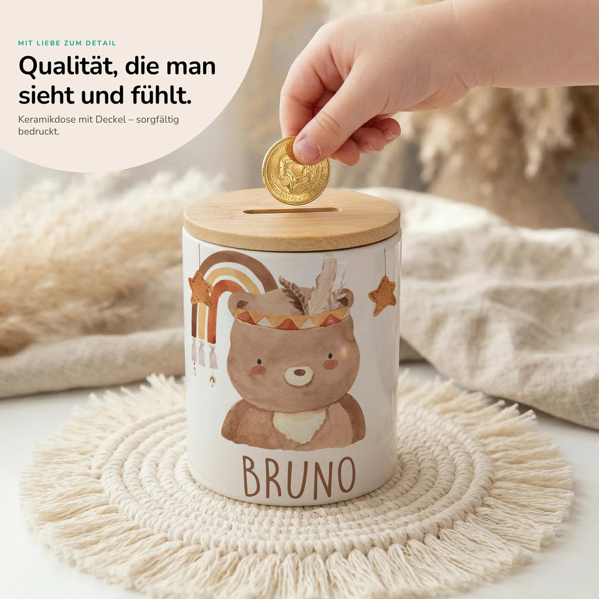 Personalisierte Spardose Boho-Bär – Keramik & Bambus mit Wunschname