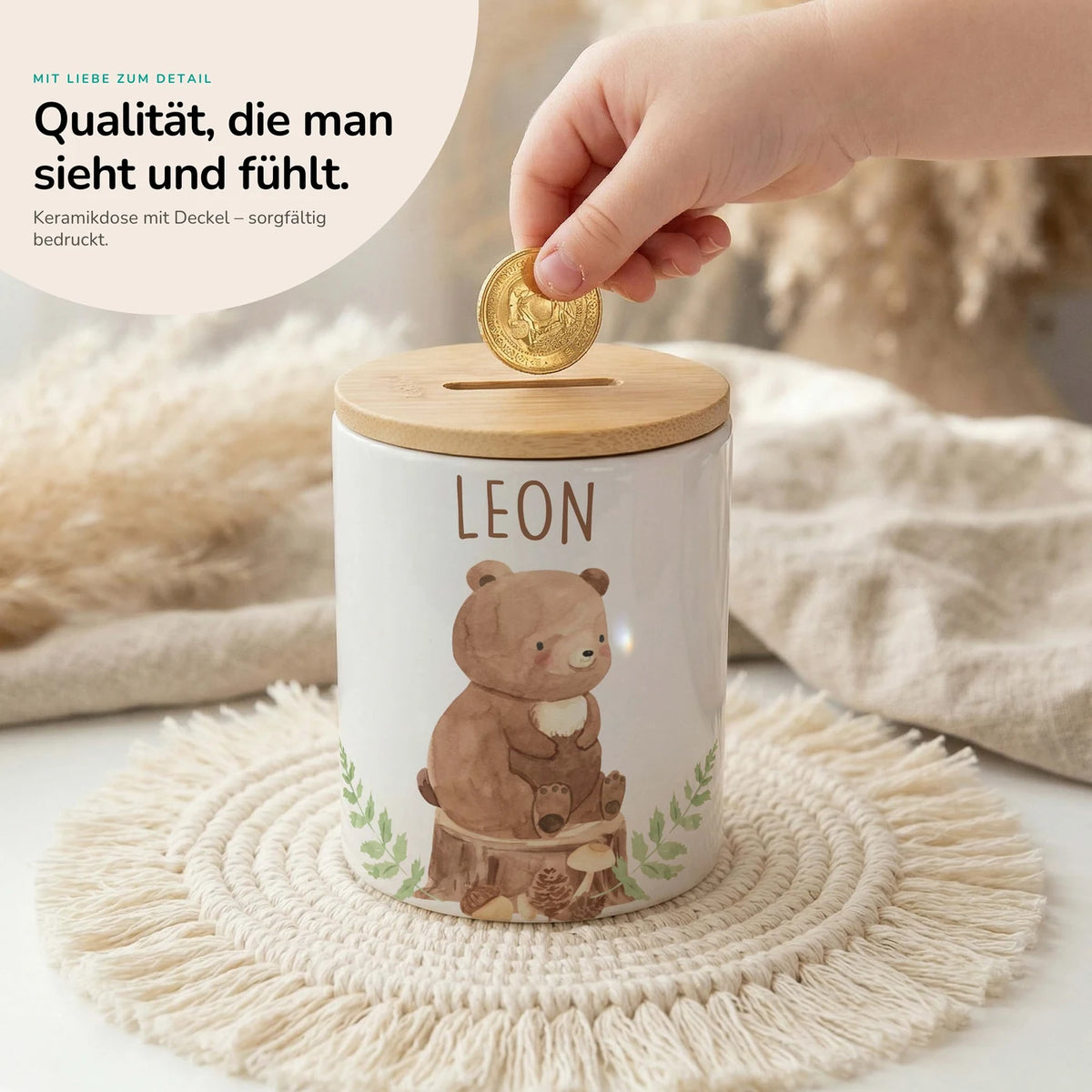 Personalisierte Spardose Bär Wald – Keramik & Bambus mit Wunschname