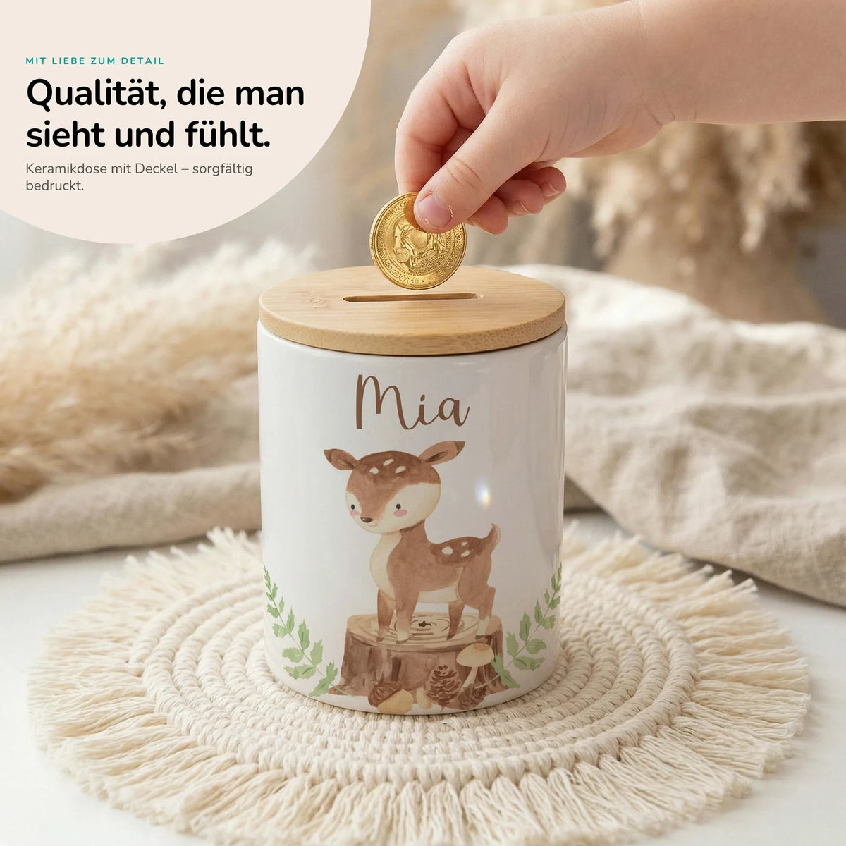 Personalisierte Spardose Rehkitz Wald – Keramik & Bambus mit Wunschname