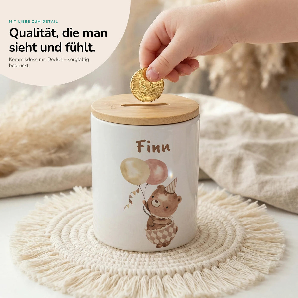 Personalisierte Spardose Bär Geburtstag – Keramik & Bambus mit Wunschname