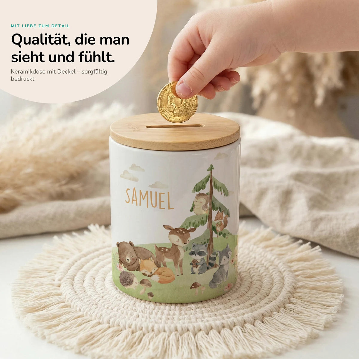Personalisierte Spardose Waldszene V – Keramik & Bambus mit Wunschname