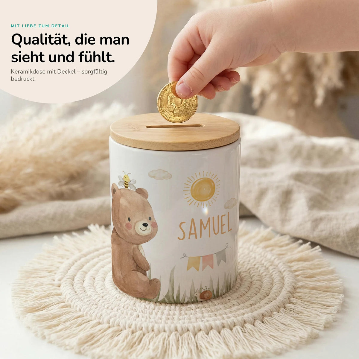 Personalisierte Spardose Bär Sommer – Keramik & Bambus mit Wunschname