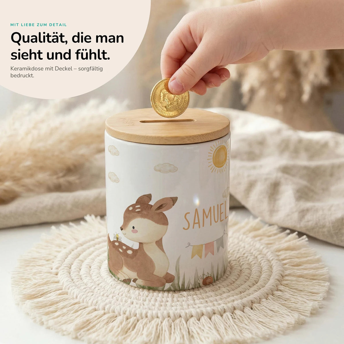 Personalisierte Spardose Rehkitz Sonne – Keramik & Bambus mit Wunschname