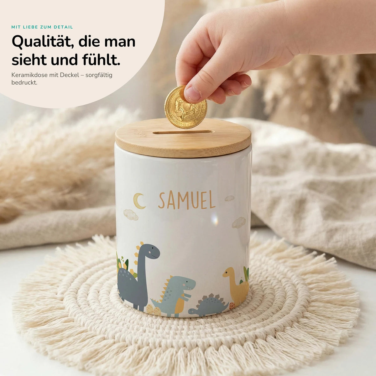 Personalisierte Spardose Dinosaurier Mond – Keramik & Bambus mit Wunschname