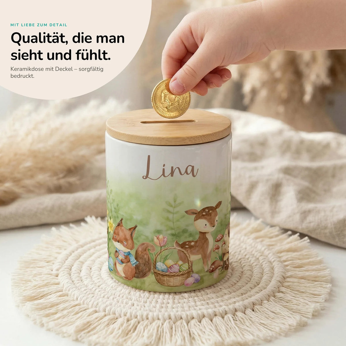Personalisierte Spardose Ostern Reh & Fuchs – Keramik & Bambus mit Wunschname