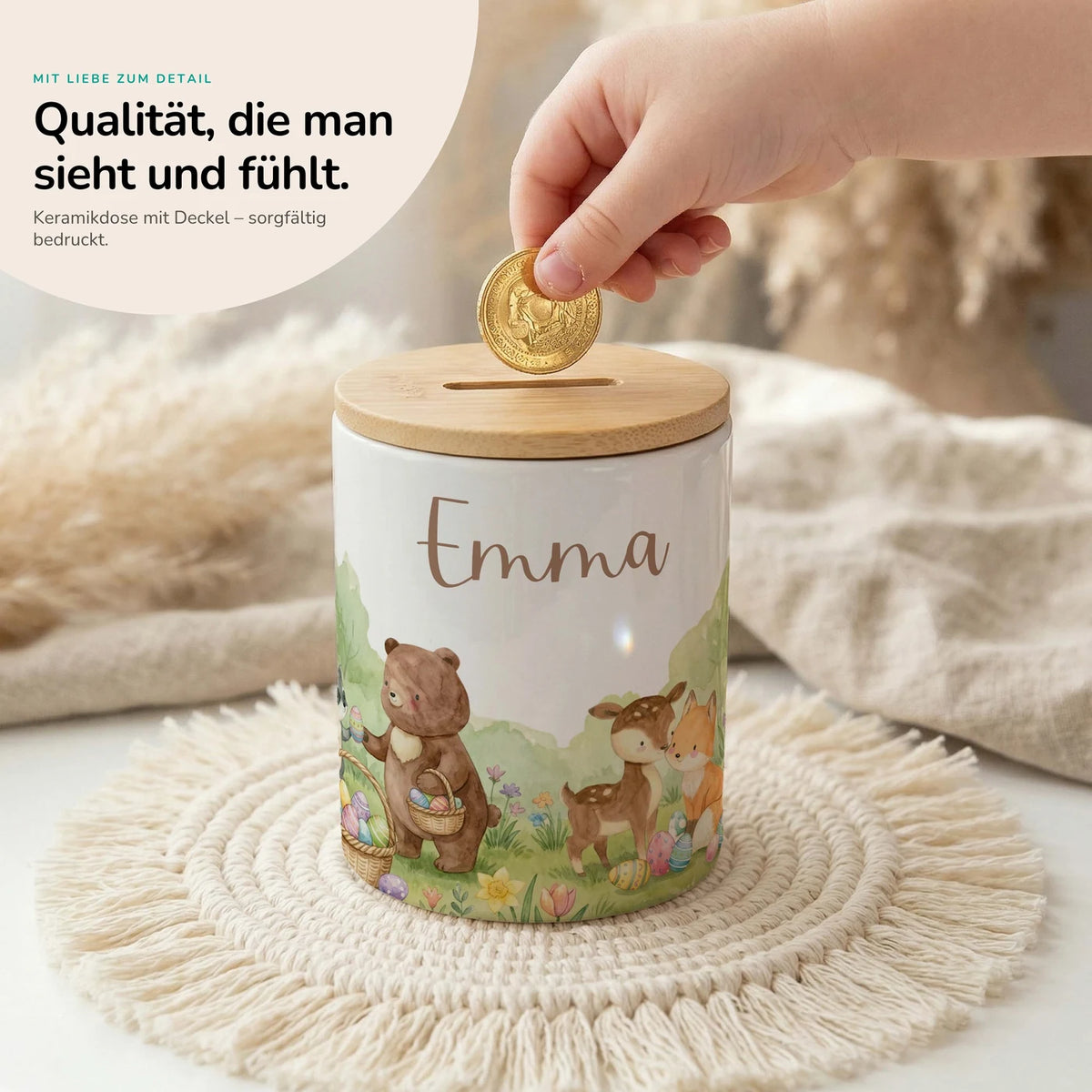 Personalisierte Spardose Ostern Bärenfamilie – Keramik & Bambus mit Wunschname