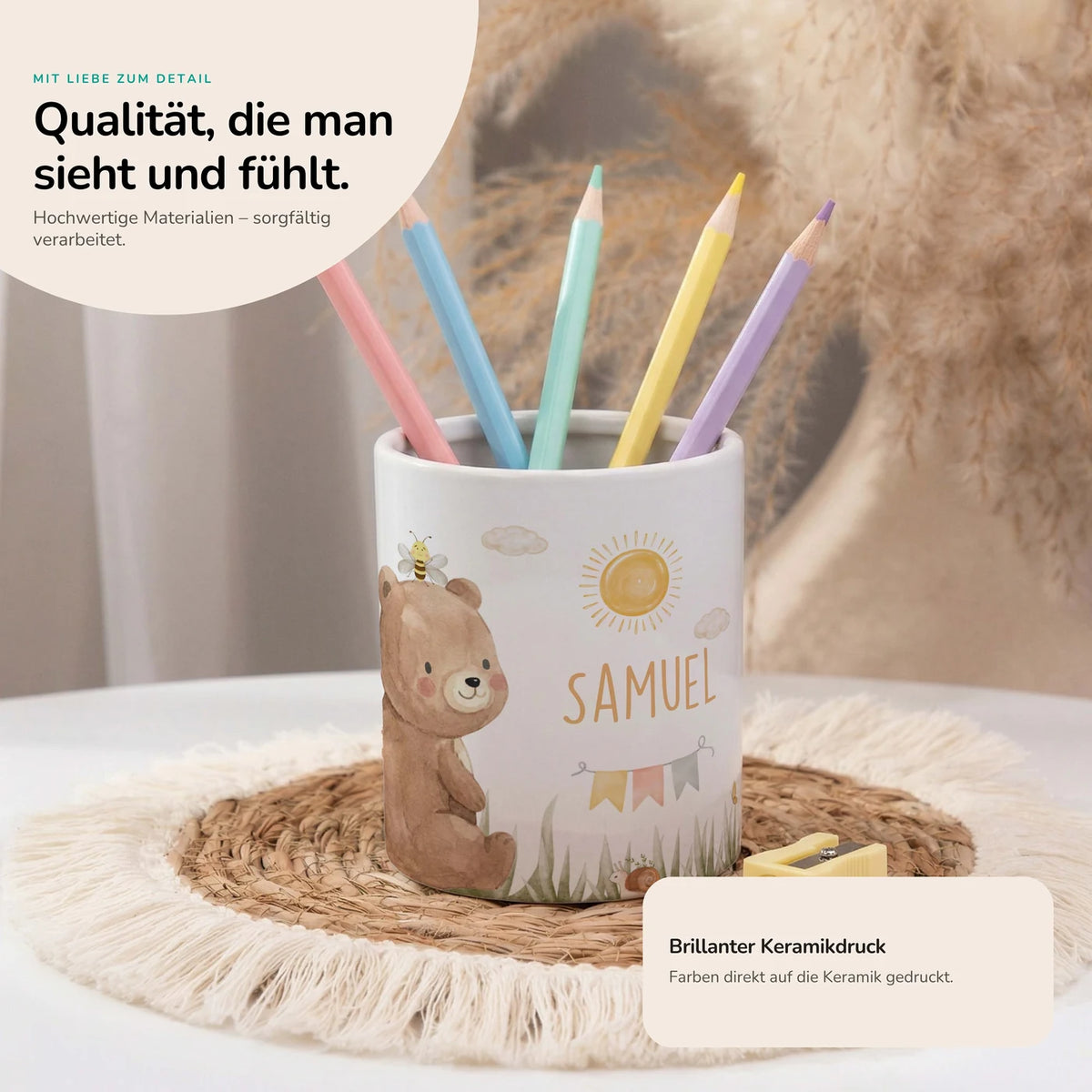 Personalisierter Stiftehalter Bär Sommer – Keramik mit Wunschname