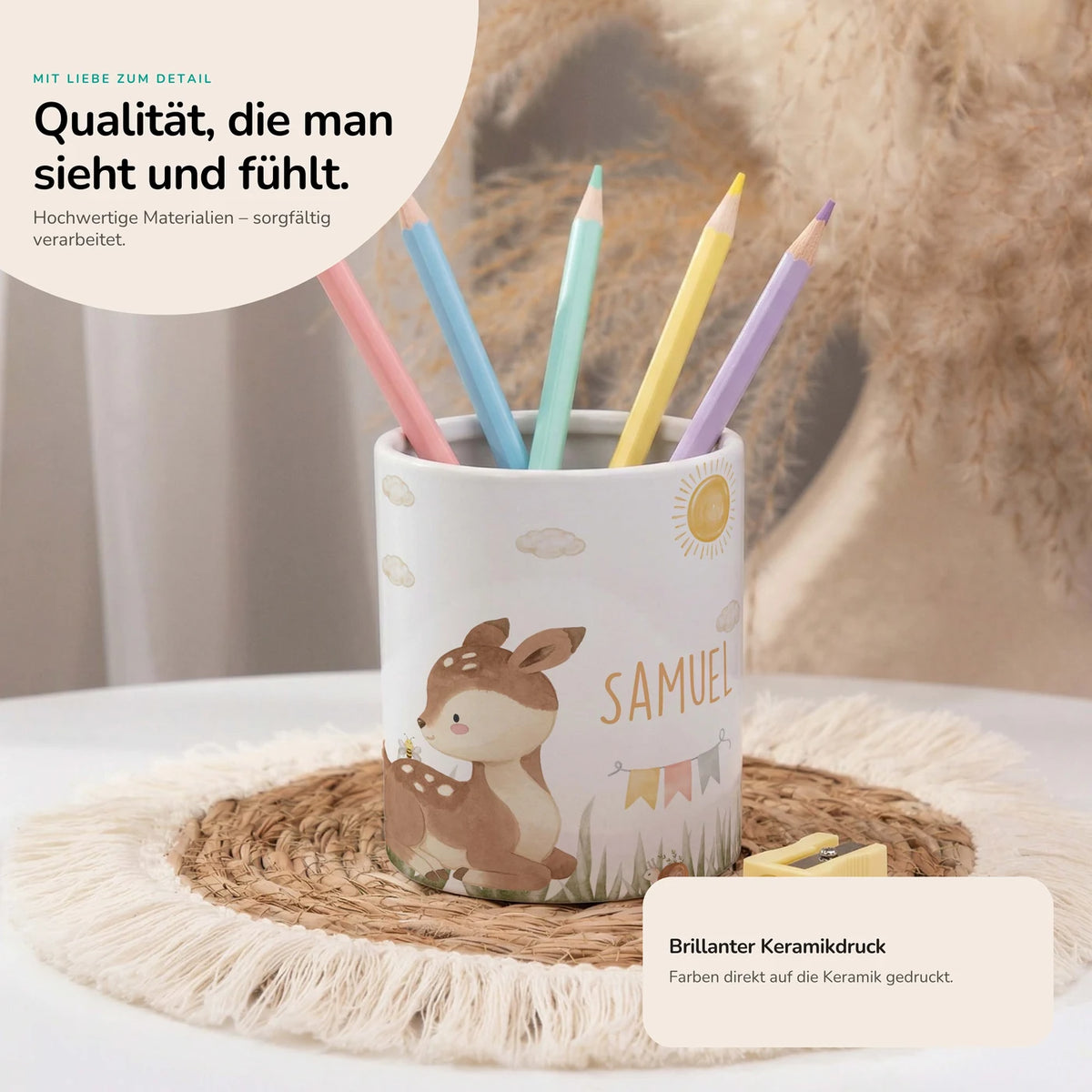 Personalisierter Stiftehalter Rehkitz Sonne – Keramik mit Wunschname