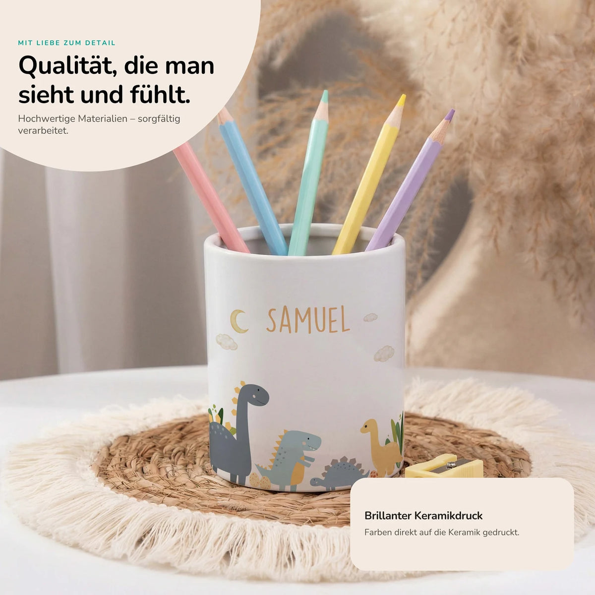 Personalisierter Stiftehalter Dinosaurier Mond – Keramik mit Wunschname