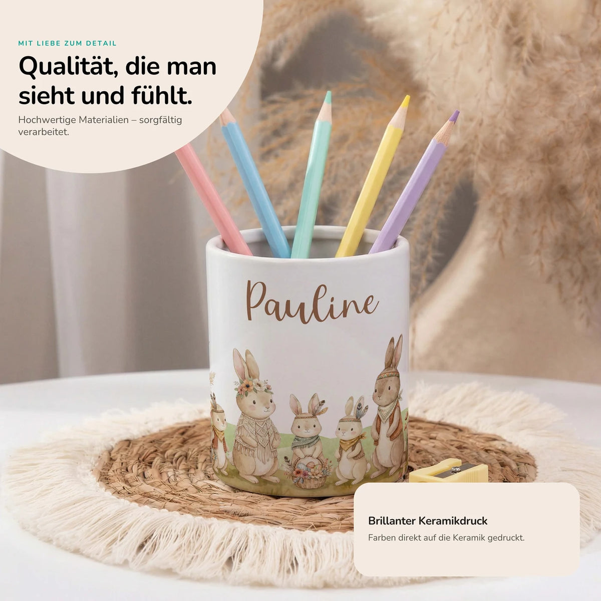 Personalisierter Stiftehalter Boho-Hasen – Keramik mit Wunschname