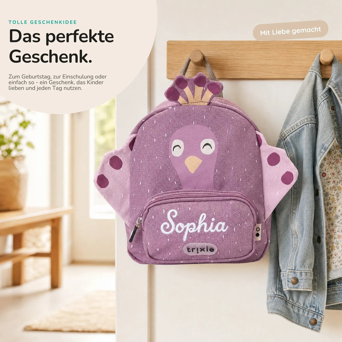 Trixie Kindergartenrucksack Pfau, zwei Größen Klein und Groß