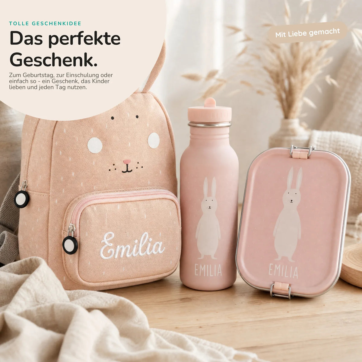 Trixie Kindergarten Set Hase, Kita-Set mit Rucksack, Brotdose und Trinkflasche